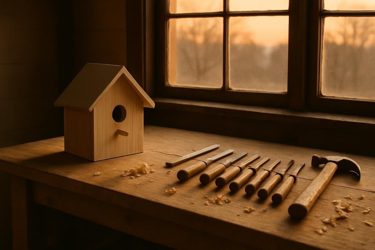 A wooden workbench by a window at dawn, with a half-finished birdhouse, a row of hand tools laid out in order, wood shavings on the floor, and pale light...