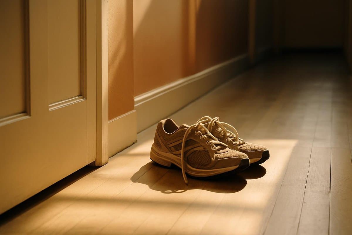 A pair of worn running shoes left by the door, morning light crossing an empty hallway floor