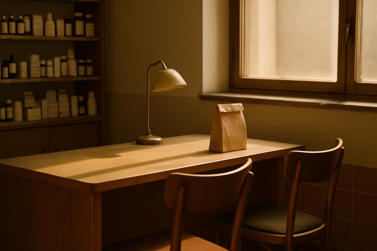 Morning light falls across an empty wooden consultation counter in a small pharmacy, with two chairs pulled slightly apart, a closed paper bag, and a brass...
