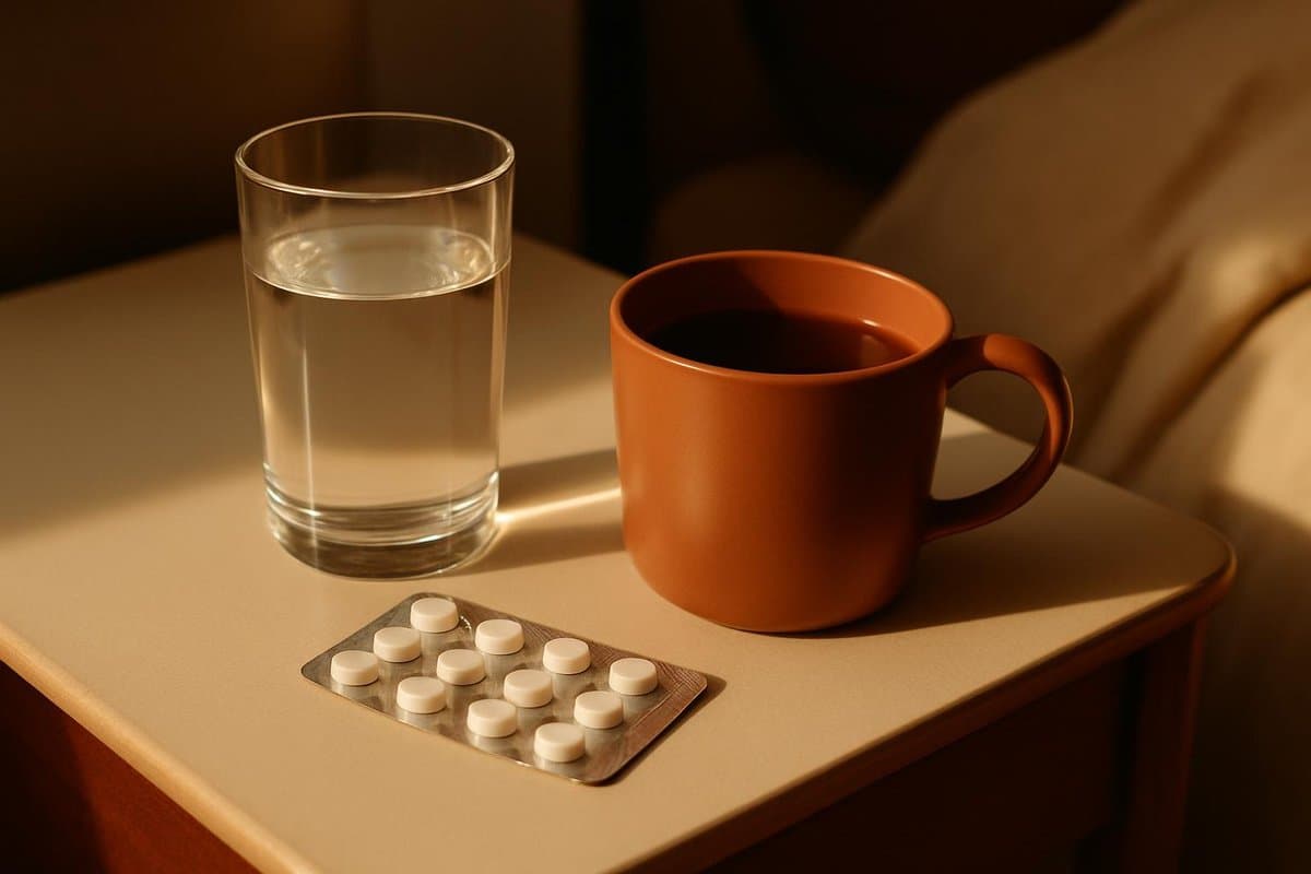 A glass of water and an unopened blister pack of tablets sitting beside a cooling cup of tea on a nightstand in late afternoon light