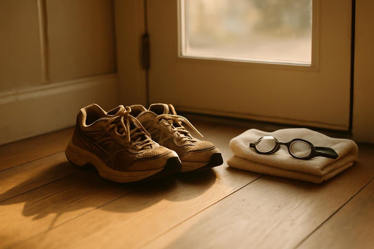 A pair of worn running shoes sits by a back door on a wooden floor, a folded towel and a pair of swim goggles beside them, early morning light coming through a...